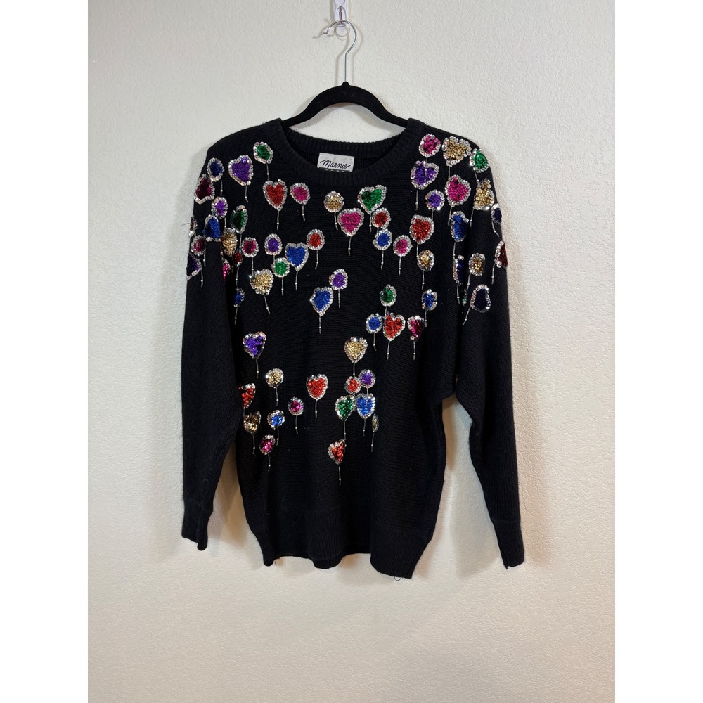 Marnie West Sweater Womens M Black Vintage 80s Silk Angora Sequin Heart